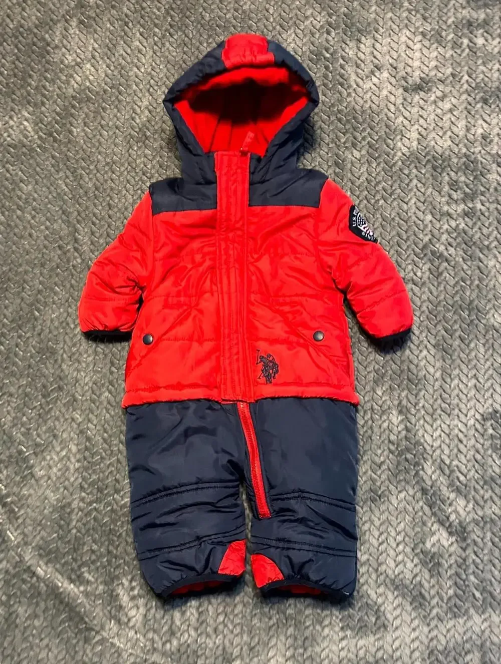 US Polo Assn. Puffer Snowsuit Baby Kids 12M Navy Red Fleece Lined Hooded Zip-Up
